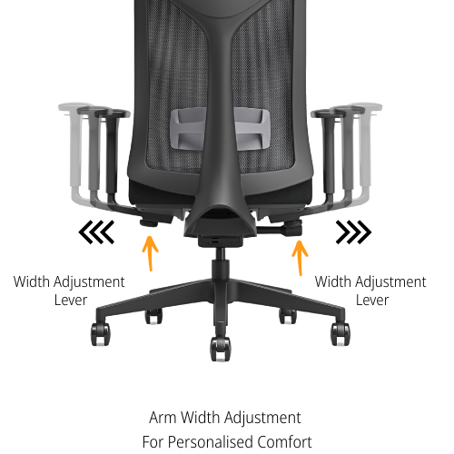 Zoomed in back view black mesh ergonomic office chair illustrating the Arm Width adjustment lever